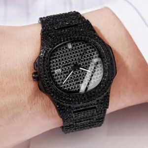 Reloj negro  banda de acero con diamantes